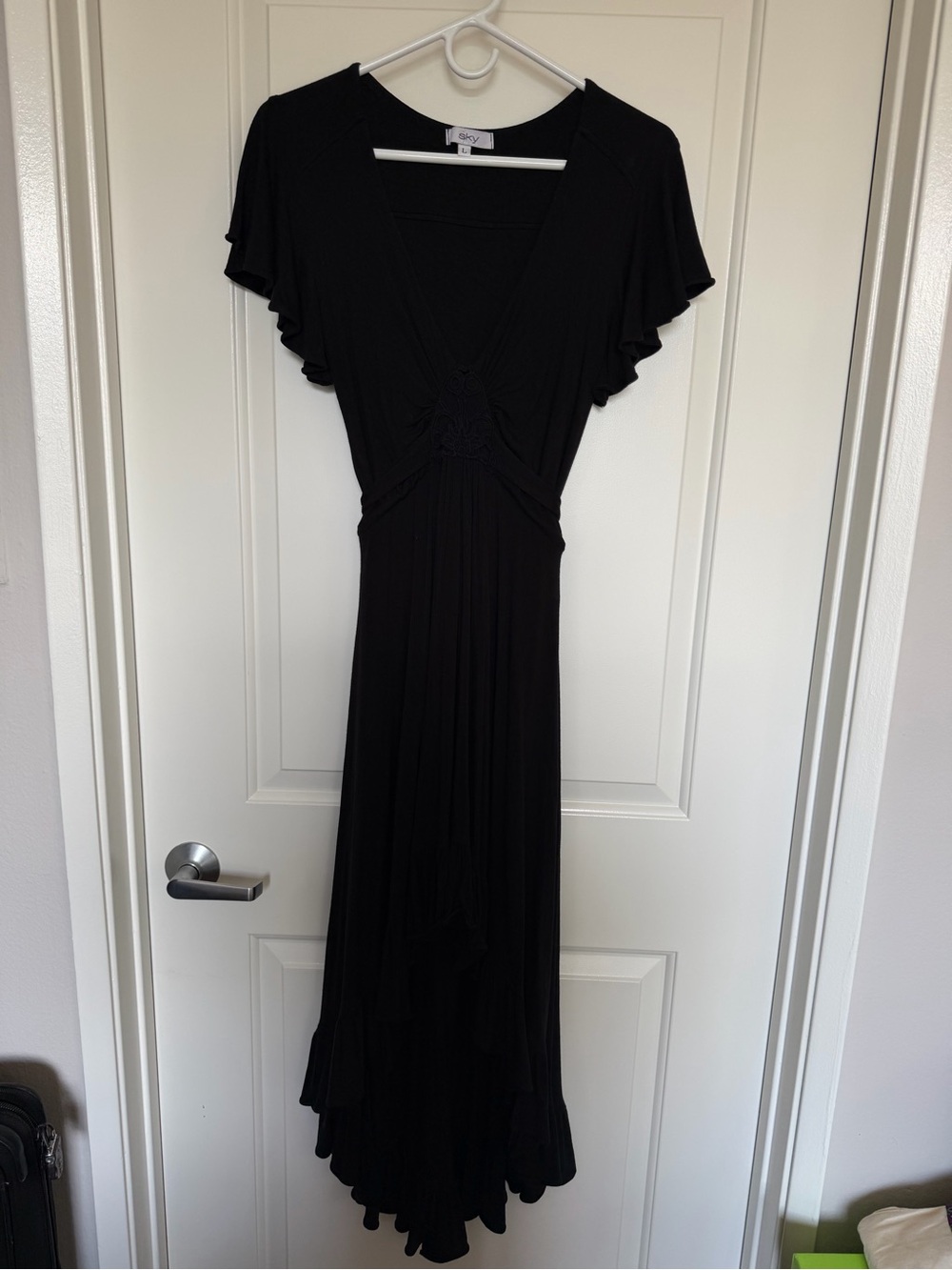 Sky Black High-Low Maxi Dress with Flutter Sleeves